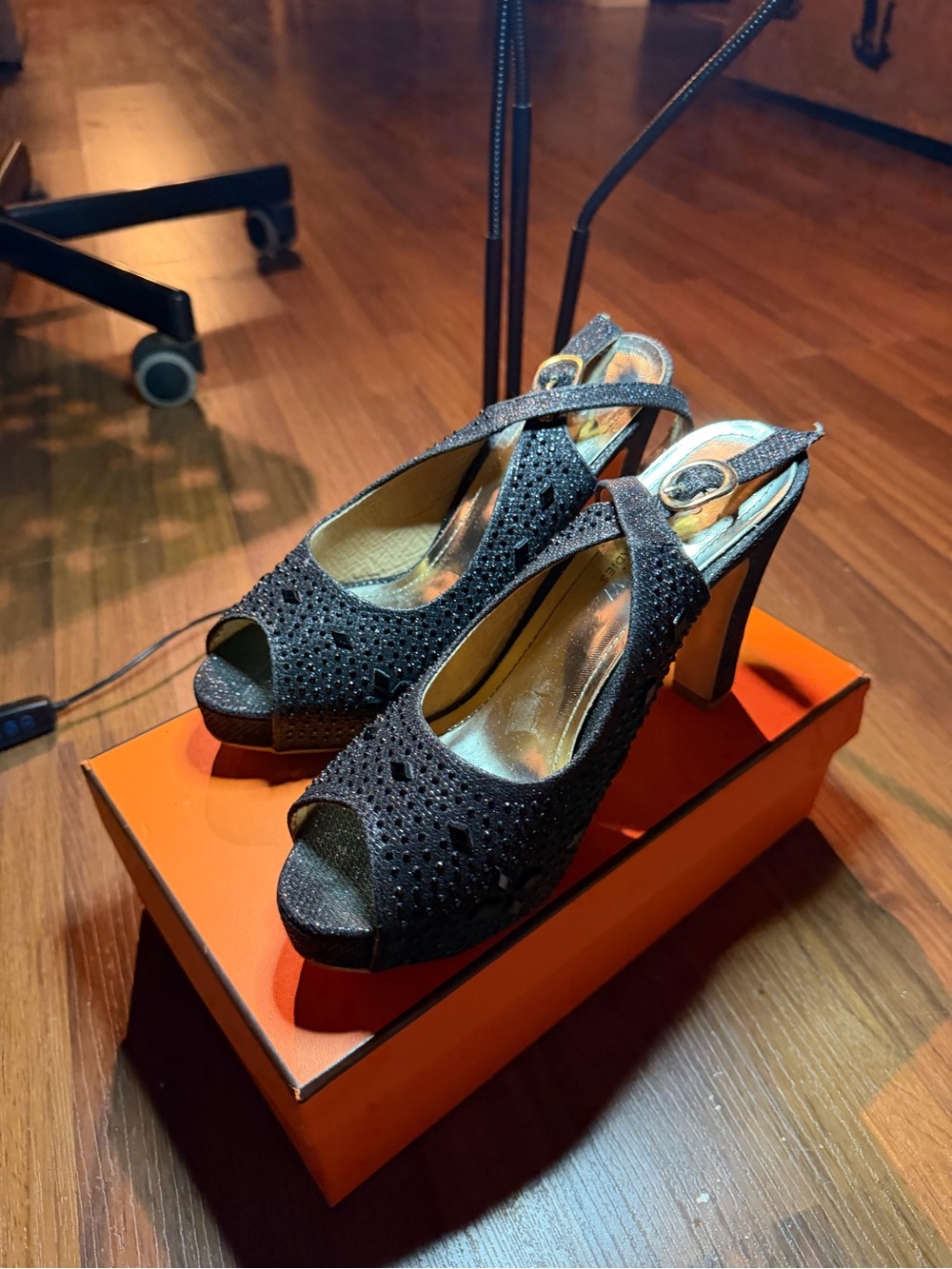Black Open-Toe Slingback Heels with Rhinestone Detail